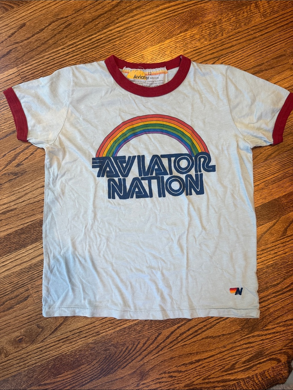 Aviator Nation Kids Light Blue Tee with Red Trim & Rainbow Graphic size 12